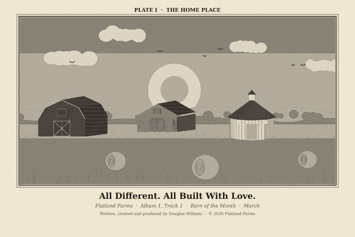 Engraved print of a farmhouse, gambrel barn and silo on flat Indiana ground