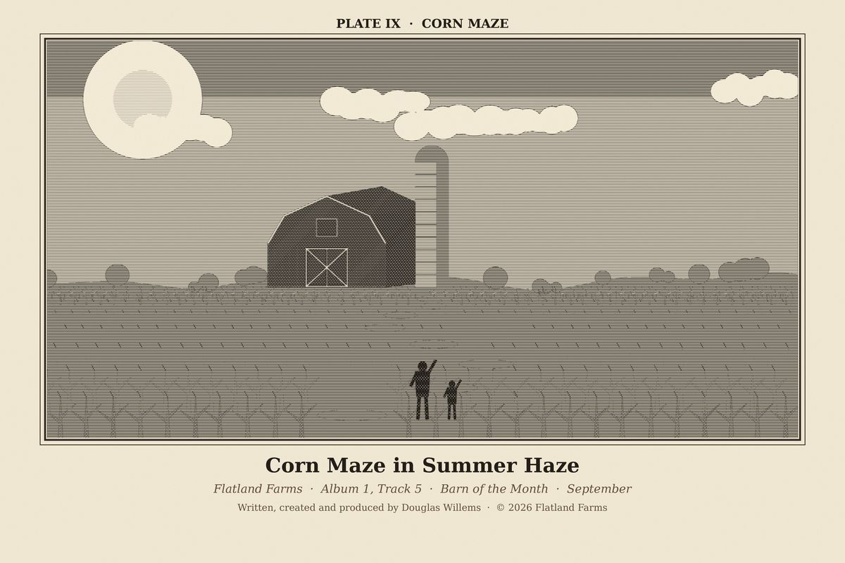 Flatland Farms engraved plate IX, Corn Maze, drawn for the song Corn Maze in Summer Haze