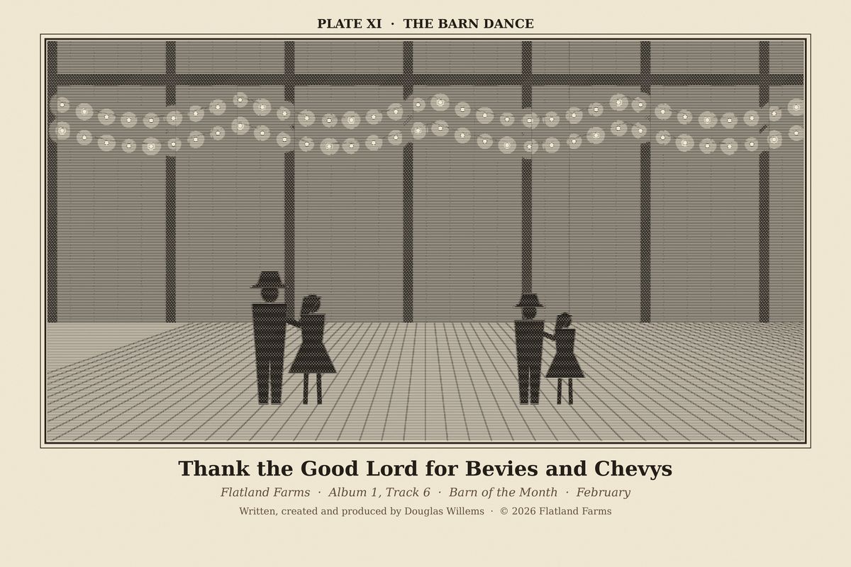 Flatland Farms engraved plate XI, The Barn Dance, drawn for the song Thank the Good Lord for Bevies and Chevys