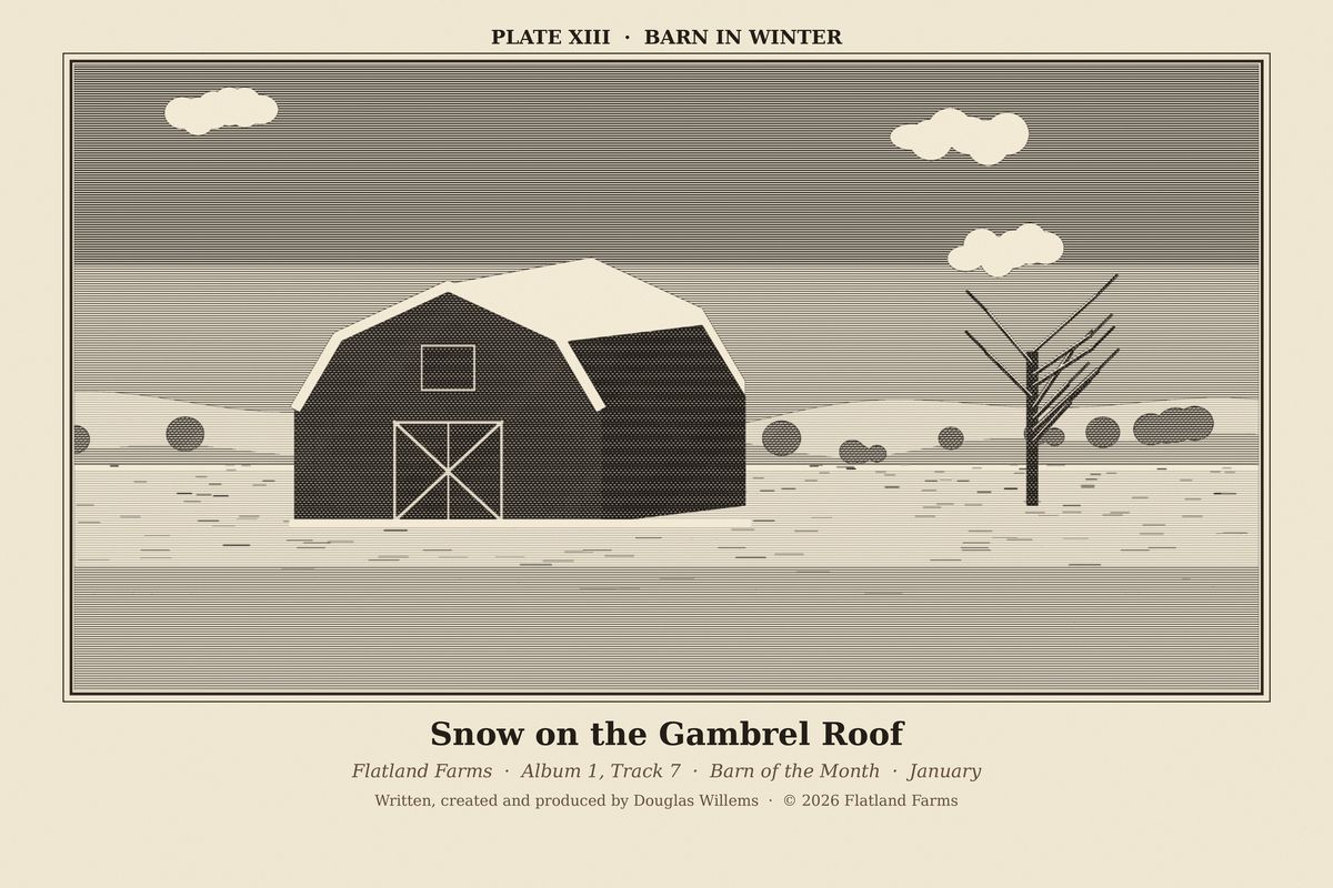 Flatland Farms engraved plate XIII, Barn in Winter, drawn for the song Snow on the Gambrel Roof