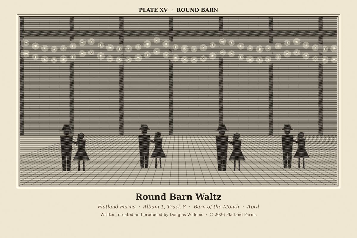 Flatland Farms engraved plate XV, Round Barn, drawn for the song Round Barn Waltz