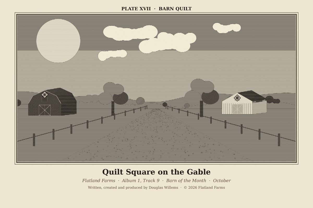 Flatland Farms engraved plate XVII, Barn Quilt, drawn for the song Quilt Square on the Gable