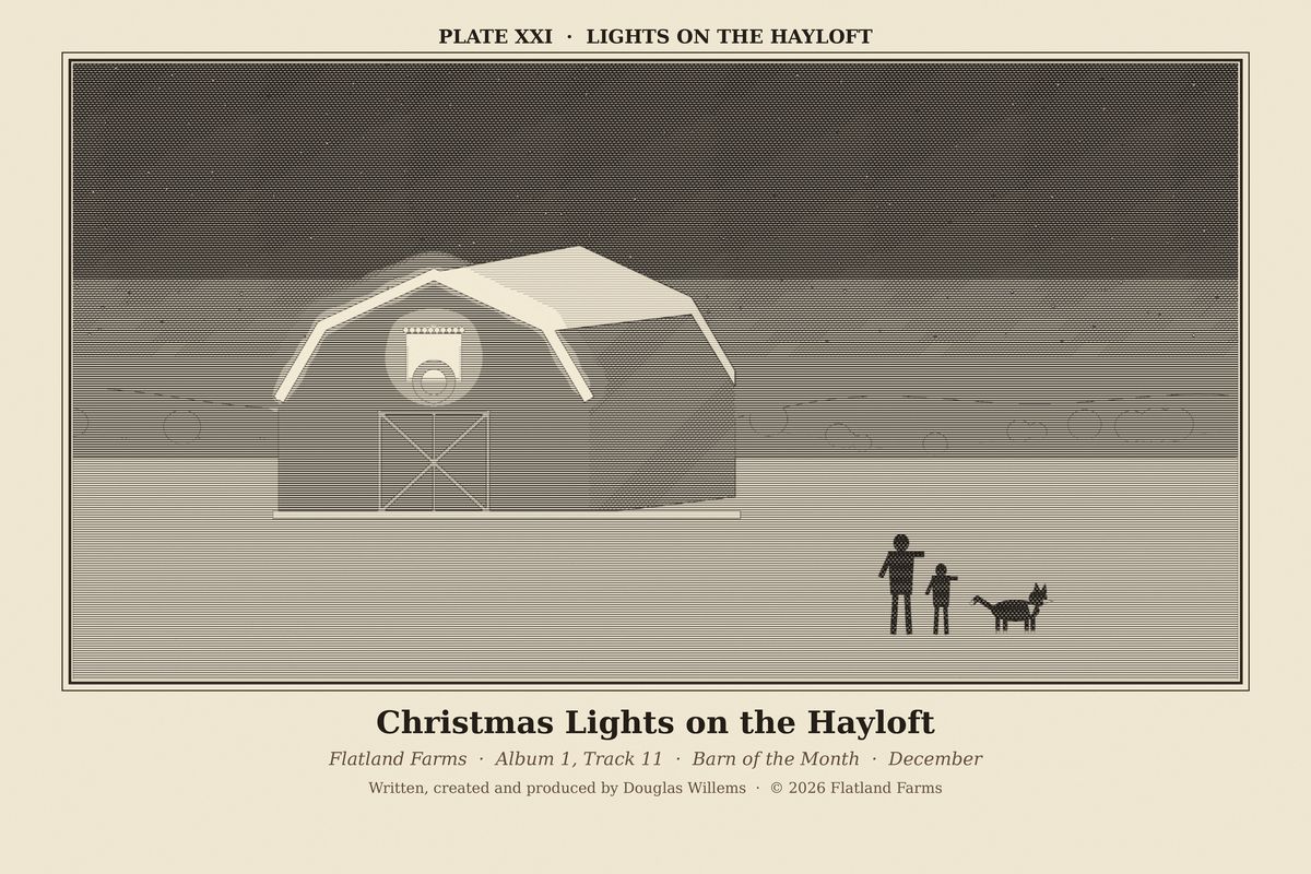 Flatland Farms engraved plate XXI, Lights on the Hayloft, drawn for the song Christmas Lights on the Hayloft