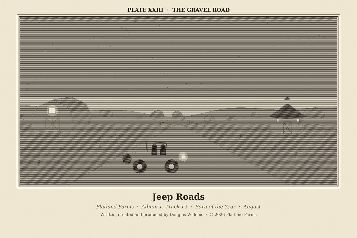 Flatland Farms engraved plate XXIII, The Gravel Road, drawn for the song Jeep Roads