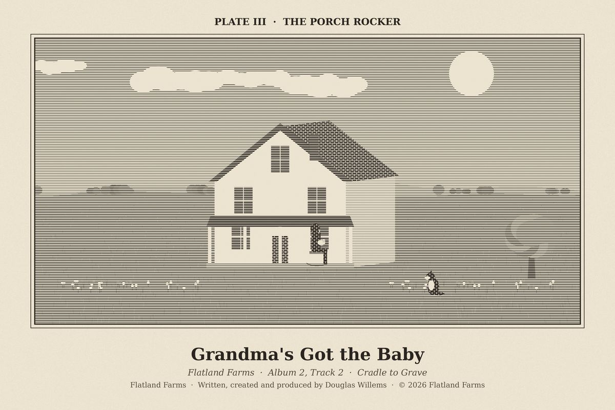 Flatland Farms engraved plate III, The Porch Rocker, drawn for the song Grandma's Got the Baby