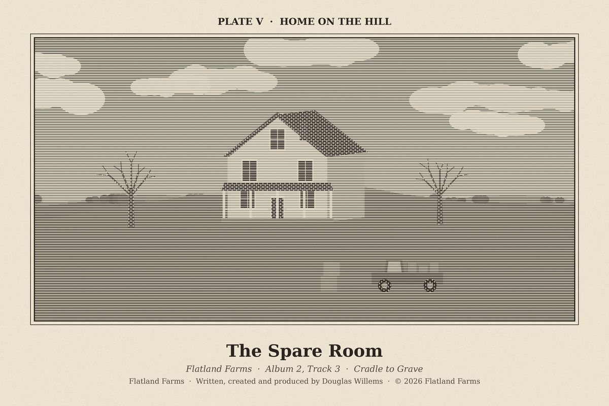 Flatland Farms engraved plate V, Home on the Hill, drawn for the song The Spare Room