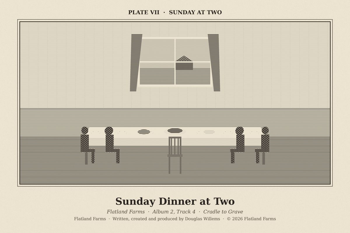 Flatland Farms engraved plate VII, Sunday at Two, drawn for the song Sunday Dinner at Two