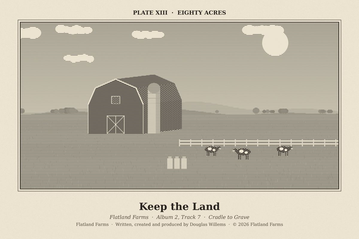Flatland Farms engraved plate XIII, Eighty Acres, drawn for the song Keep the Land