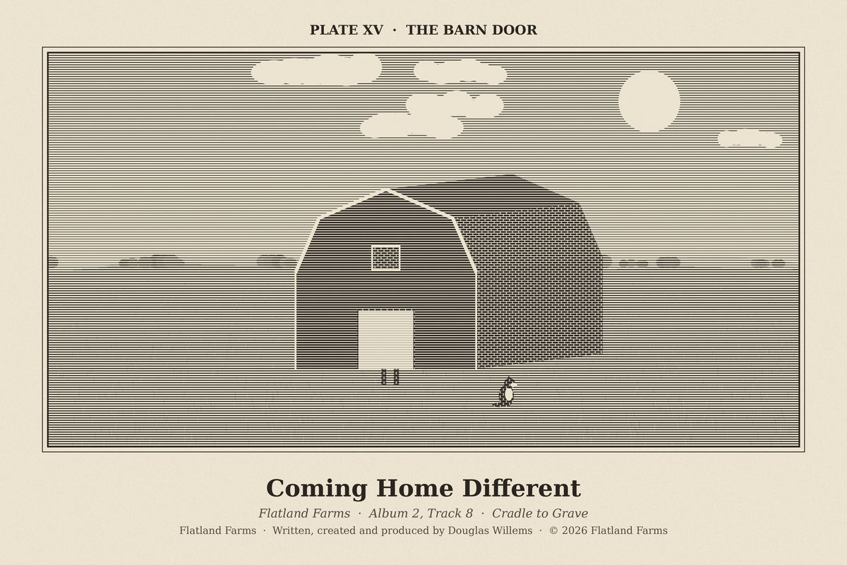 Flatland Farms engraved plate XV, The Barn Door, drawn for the song Coming Home Different