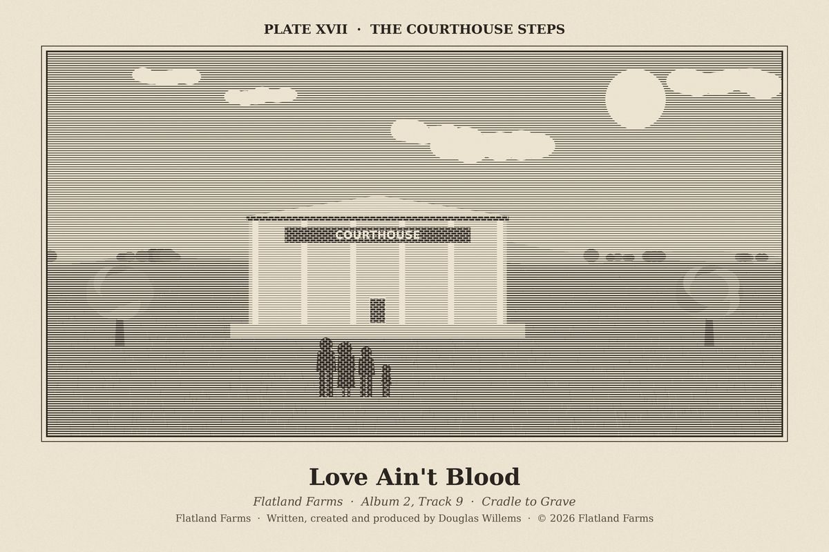 Flatland Farms engraved plate XVII, The Courthouse Steps, drawn for the song Love Ain't Blood