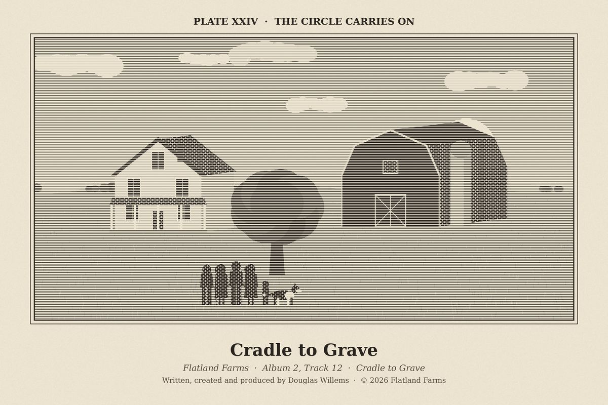 Flatland Farms engraved plate XXIV, The Circle Carries On, drawn for the song Cradle to Grave