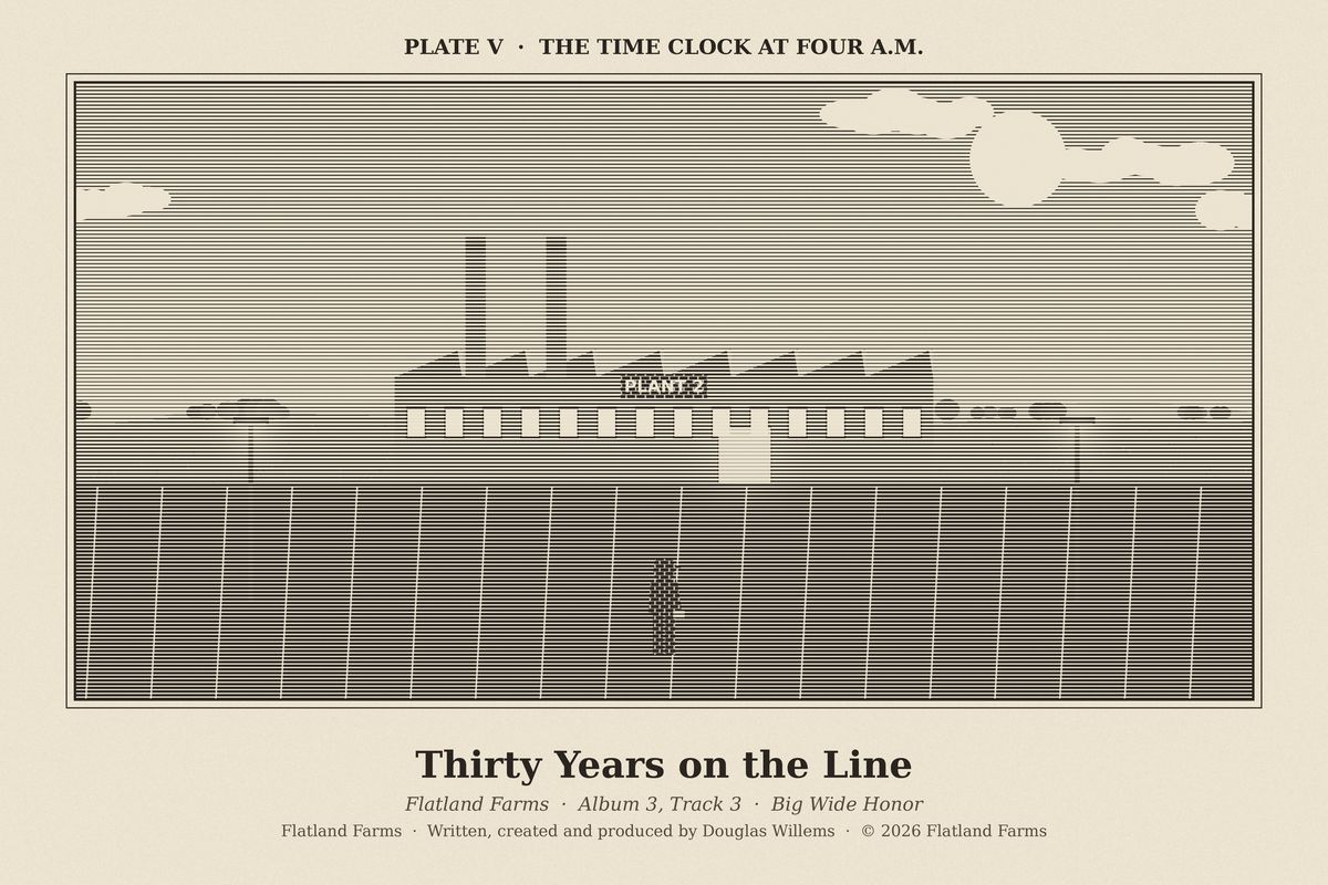 Flatland Farms engraved plate V, The Time Clock at Four A.M., drawn for the song Thirty Years on the Line