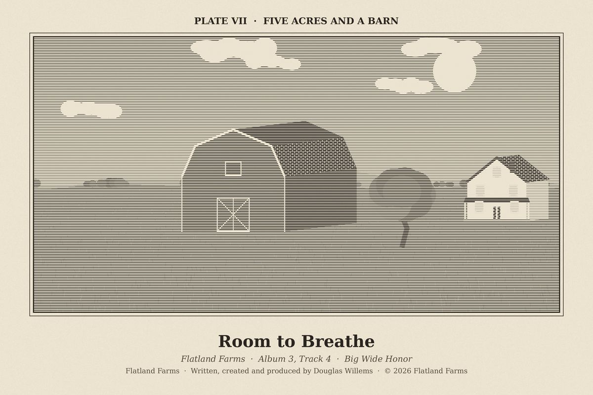 Flatland Farms engraved plate VII, Five Acres and a Barn, drawn for the song Room to Breathe