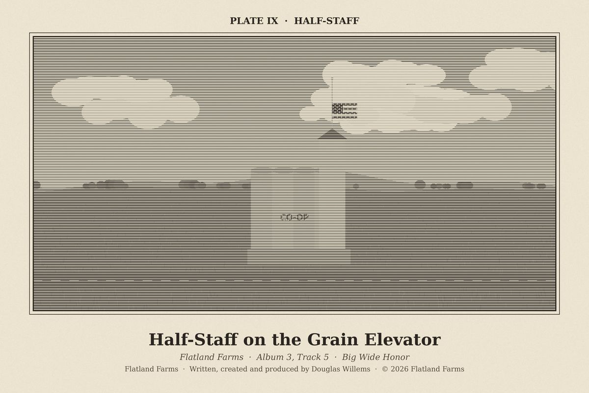 Flatland Farms engraved plate IX, Half-Staff, drawn for the song Half-Staff on the Grain Elevator