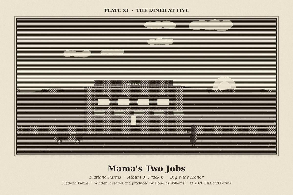Flatland Farms engraved plate XI, The Diner at Five, drawn for the song Mama's Two Jobs