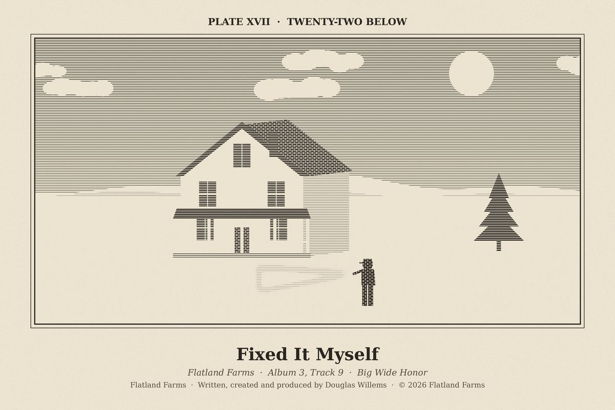 Flatland Farms engraved plate XVII, Twenty-Two Below, drawn for the song Fixed It Myself