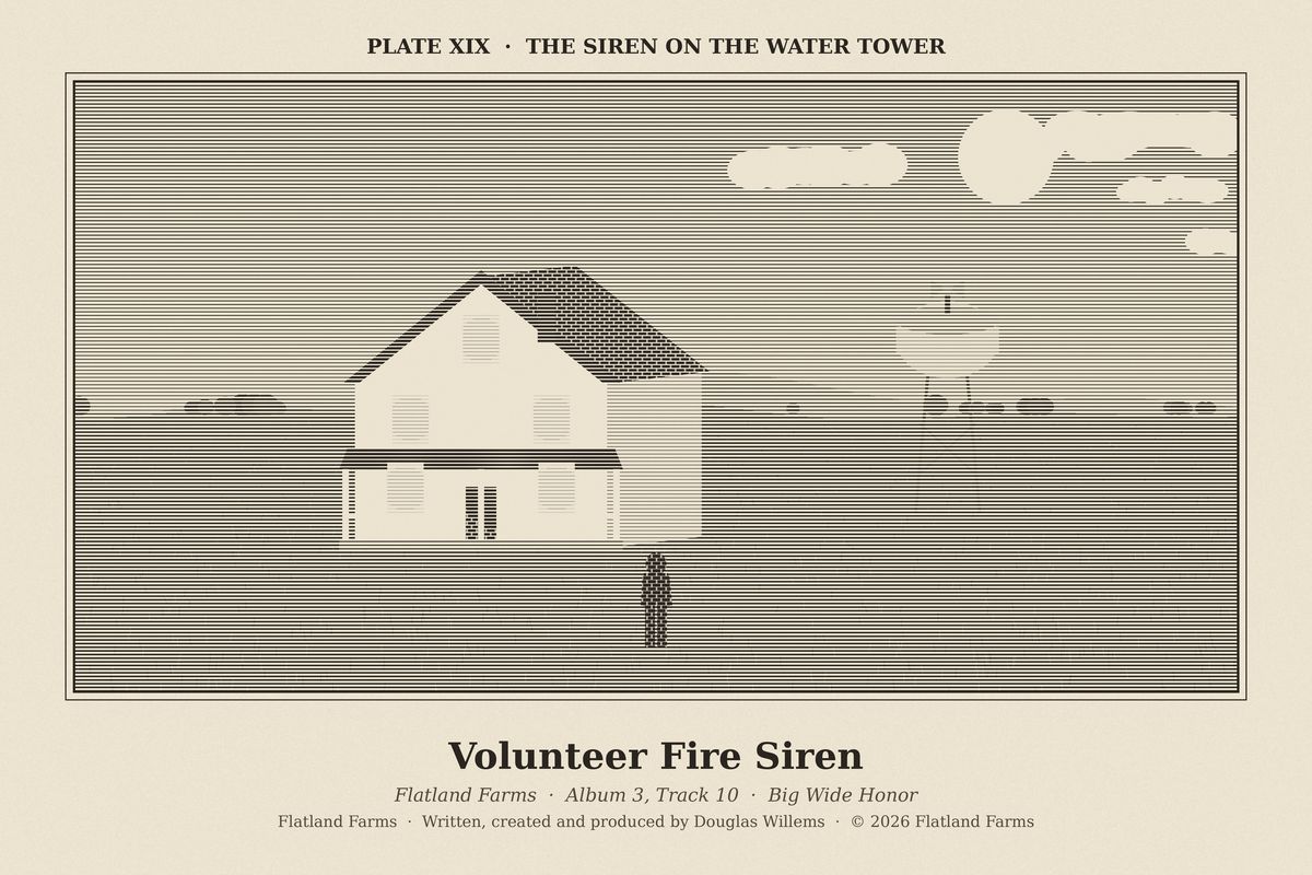 Flatland Farms engraved plate XIX, The Siren on the Water Tower, drawn for the song Volunteer Fire Siren