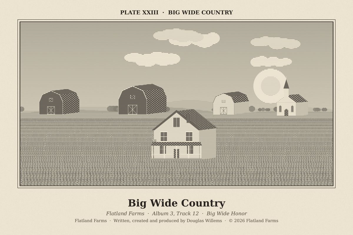 Flatland Farms engraved plate XXIII, Big Wide Country, drawn for the song Big Wide Country